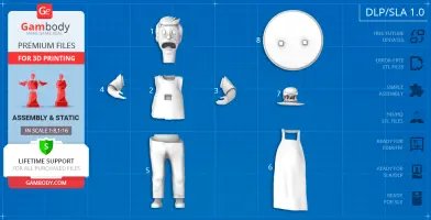 3D print model parts for assembling a cartoon character, including head, torso, arms, legs, apron, and stand.