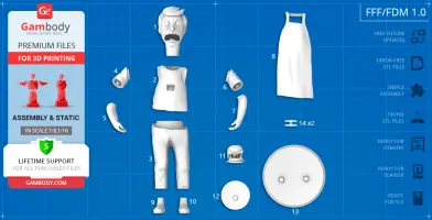 3D model kit for Bob Belcher, featuring his head, body parts, apron, and stand, for 3D printing assembly.