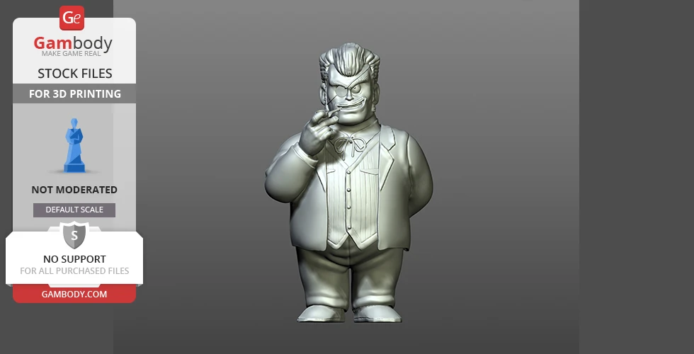 A 3D model of a stout figure in a suit, posed confidently, suitable for 3D printing.