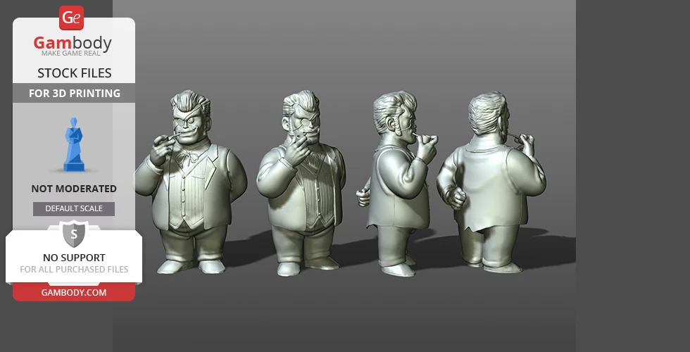 3D model of a cartoonish character in a suit, shown from multiple angles, suitable for printing.