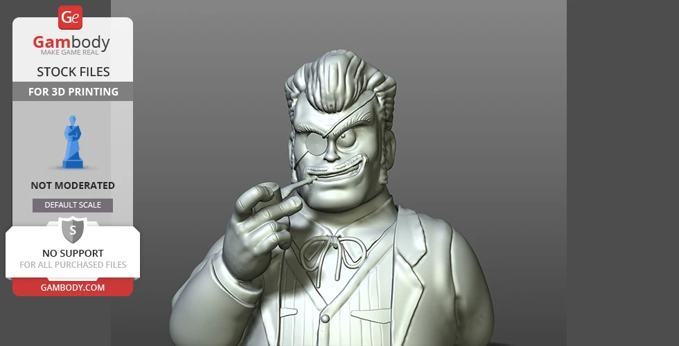 3D model of a grinning anime character with an eyepatch, wearing a suit and tie.
