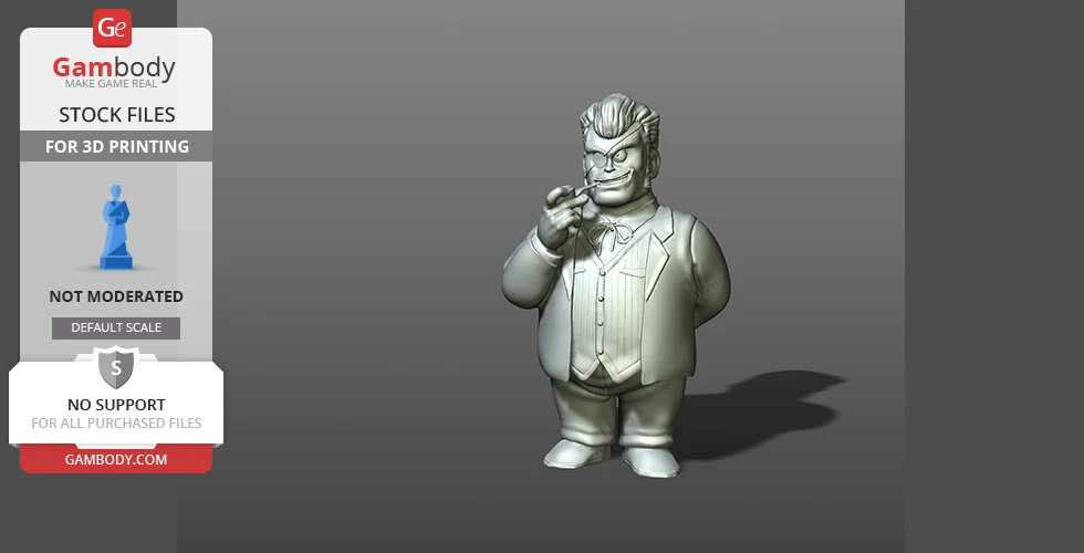 3D model of a stout man in a suit, holding a pipe with one hand, for 3D printing.