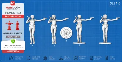 3D models of a female character in various poses with guns, designed for 3D printing.