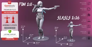 A 3D model of a female character in a dynamic pose, holding a gun and sword, on a circular base.