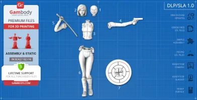 3D model parts of Gwenpool: hair, head, torso, arms, legs, sword, and shield, displayed for printing.
