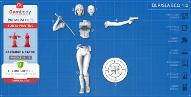 3D printable Gwenpool model components: head, torso, arms, legs, gun, and shield.