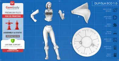 3D printable model kit of a superhero with separate body and cape parts. Includes assembly base.