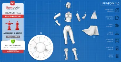 3D model parts of Power Girl for printing, including head, torso, limbs, and base on blueprint layout.