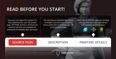 Power Girl 3D print file options and instructions for different printer types displayed.