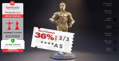 C-3PO 3D model for printing, on a display base, with a 36% off coupon featured.