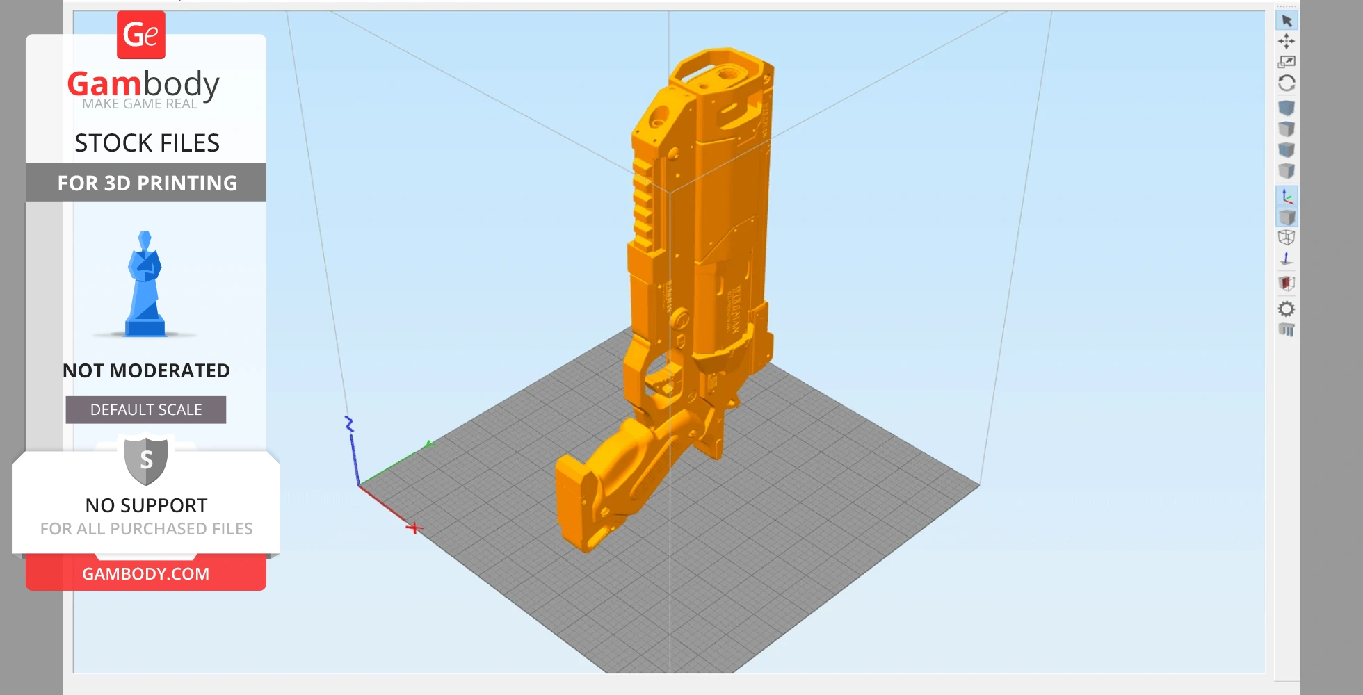 A 3D model of the Wingman Handcannon in orange, displayed upright for 3D printing.