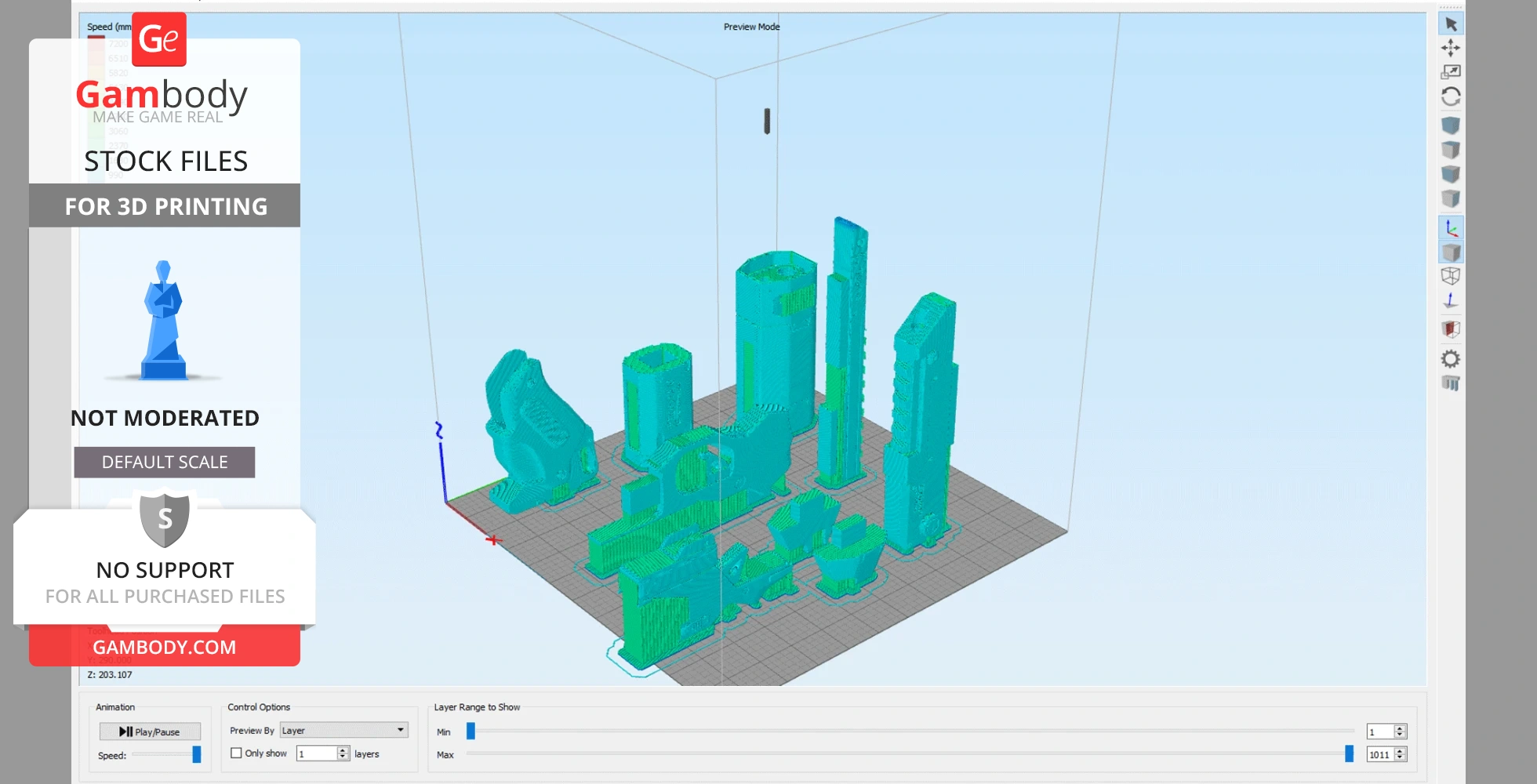 3D model of the Wingman Handcannon parts arranged for printing in a slicer software interface.