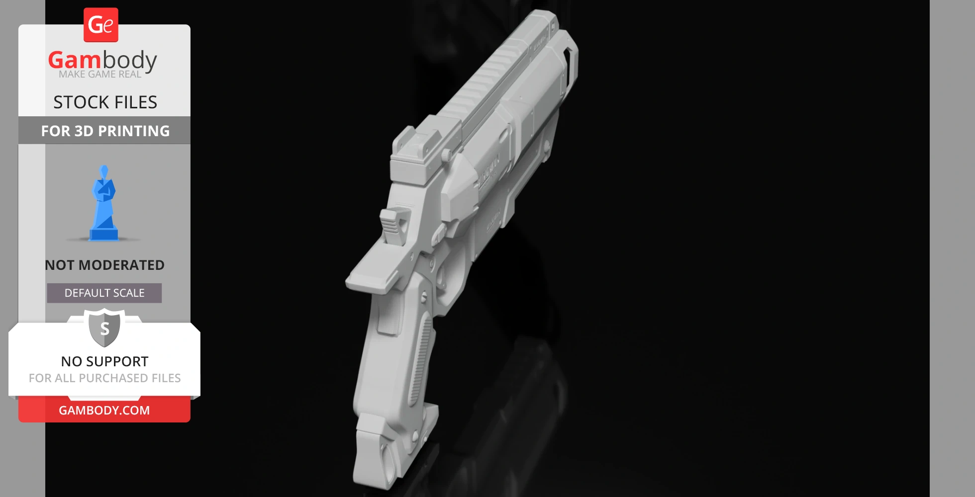 Futuristic 3D-printed handgun model with angular design, viewed from a side angle.