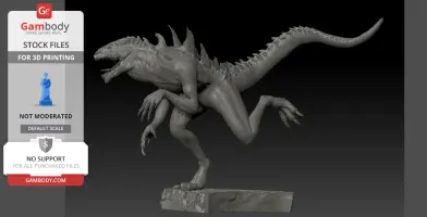 A 3D model of a dynamic, reptilian creature with spikes and a long tail, posed on a textured base.