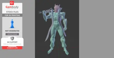 A 3D model of a muscular, humanoid figure with horns, wearing armor, holding a sword, designed for 3D printing.