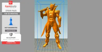 3D model of a muscular figure in armor with horns, holding a weapon, designed for 3D printing.