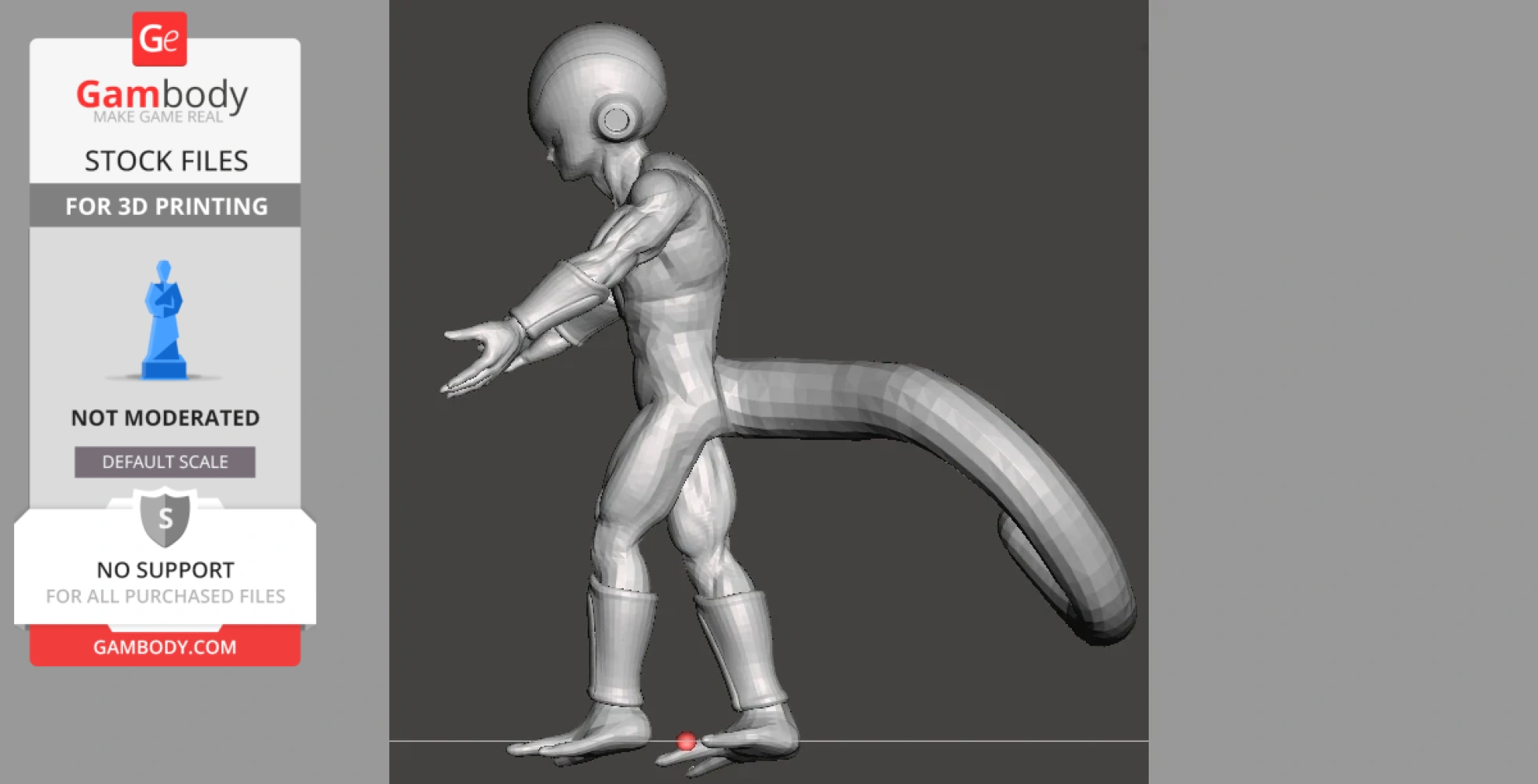 3D model of a humanoid alien with a long tail and smooth, muscular body, ready for 3D printing.