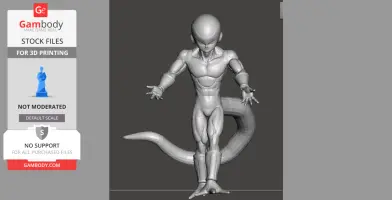 A 3D model of a humanoid alien figure with a muscular build, long tail, and outstretched arms for printing.