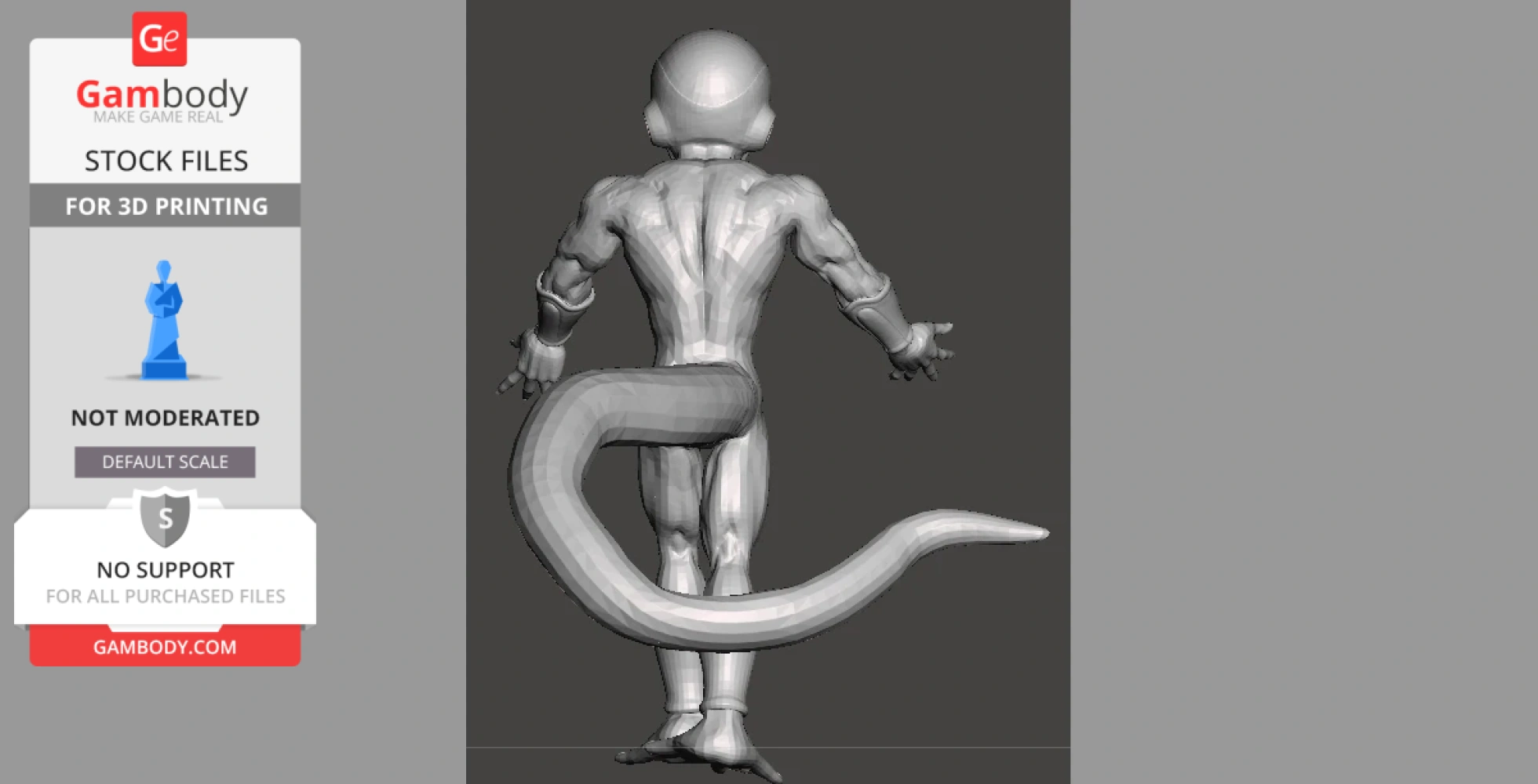 3D model of a humanoid figure with a long tail, viewed from the back, designed for 3D printing.