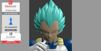 3D model of a character with blue spiky hair, armor, and intense expression, designed for 3D printing.