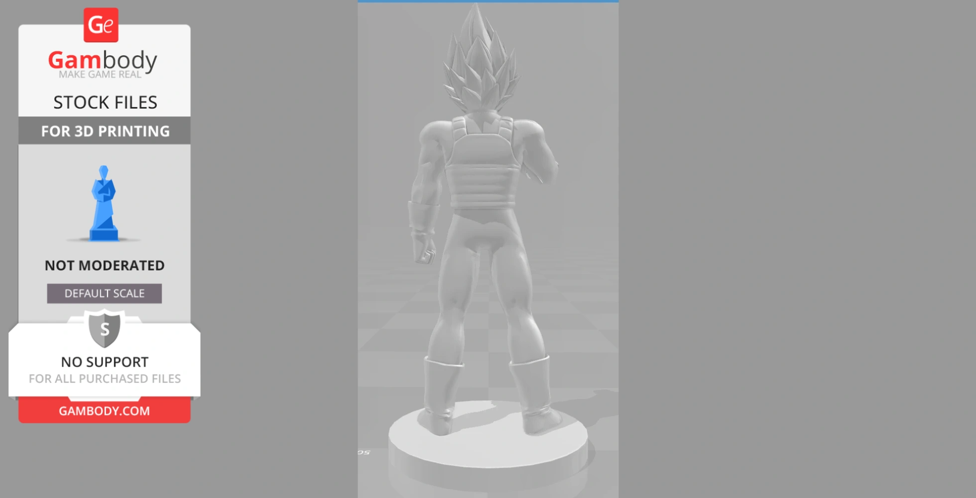 3D model of a muscular figure with spiky hair, standing on a round base, designed for 3D printing.