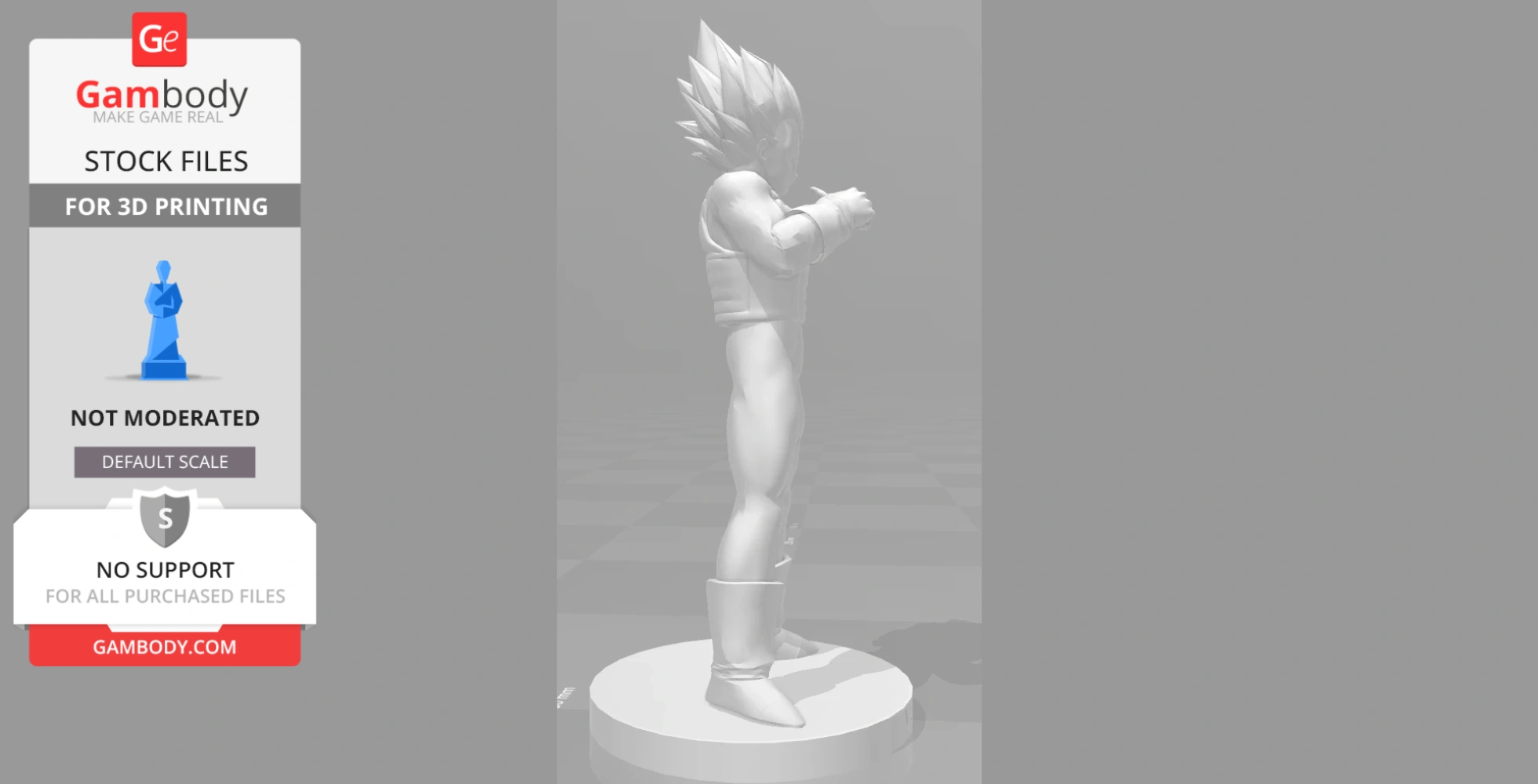 3D model of a muscular figure with spiky hair standing on a round base, arms crossed.
