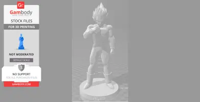 3D printed model of a muscular figure with spiky hair, standing on a base labeled 'Vegeta.'