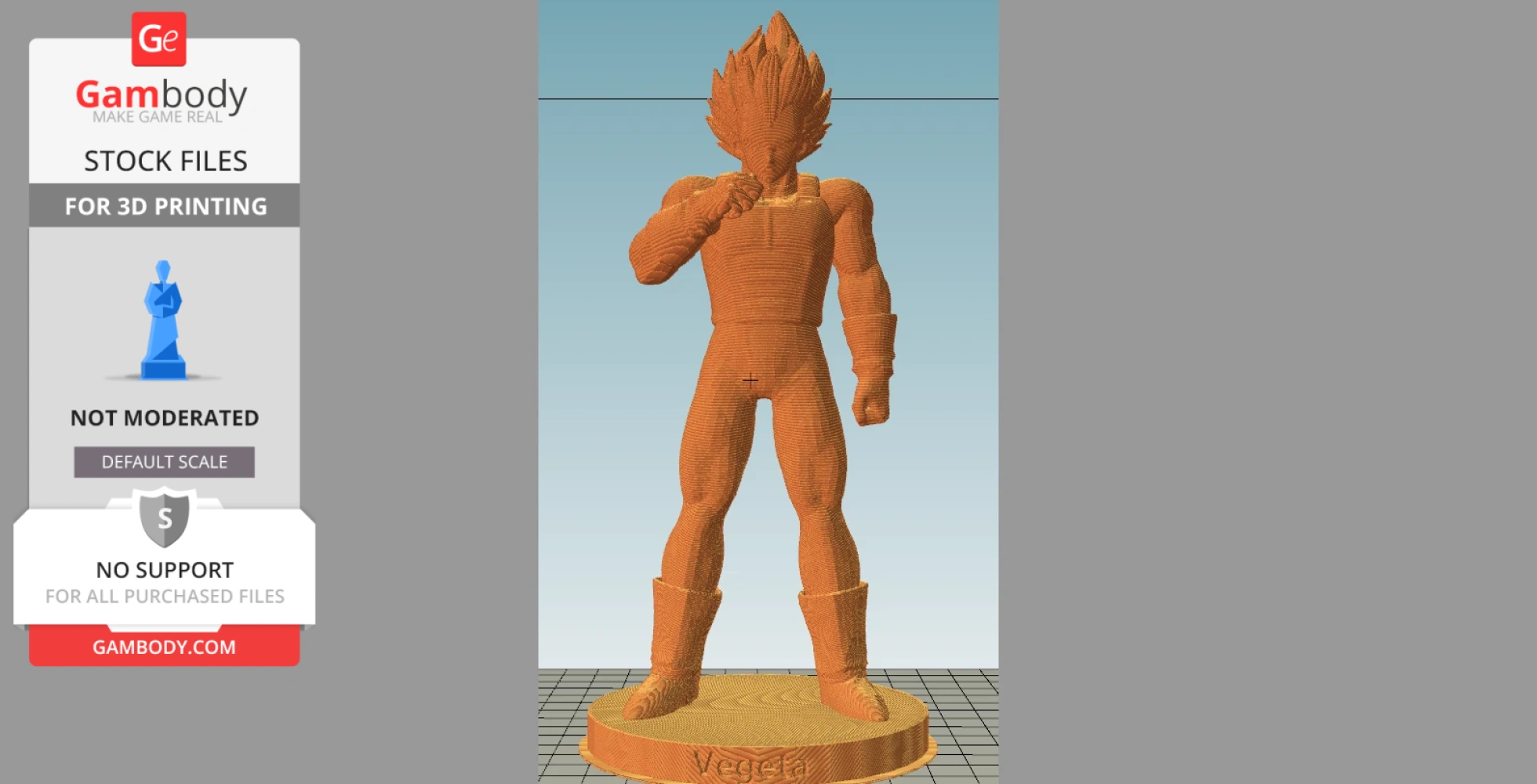 3D model of muscular character with spiky hair, standing confidently on a round base labeled 'Vegeta.'