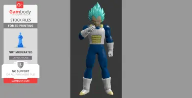 3D model of a spiky-haired warrior in a blue suit and armor, posed with a confident stance, for 3D printing.