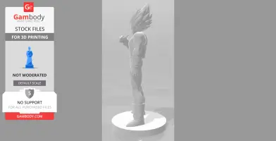 A 3D model of a muscular figure with spiky hair, standing confidently on a circular base.