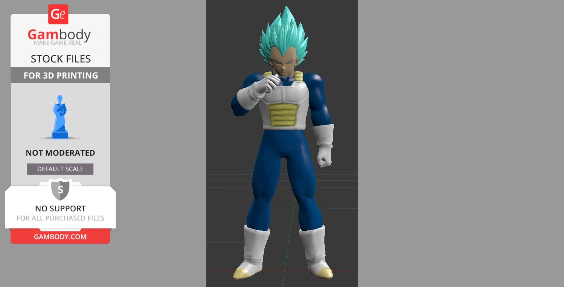 3D model of a spiky-haired warrior in a blue suit and armor, posed with a confident stance, for 3D printing.