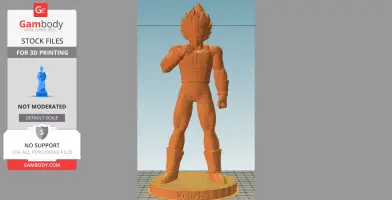 3D model of muscular character with spiky hair, standing confidently on a round base labeled 'Vegeta.'