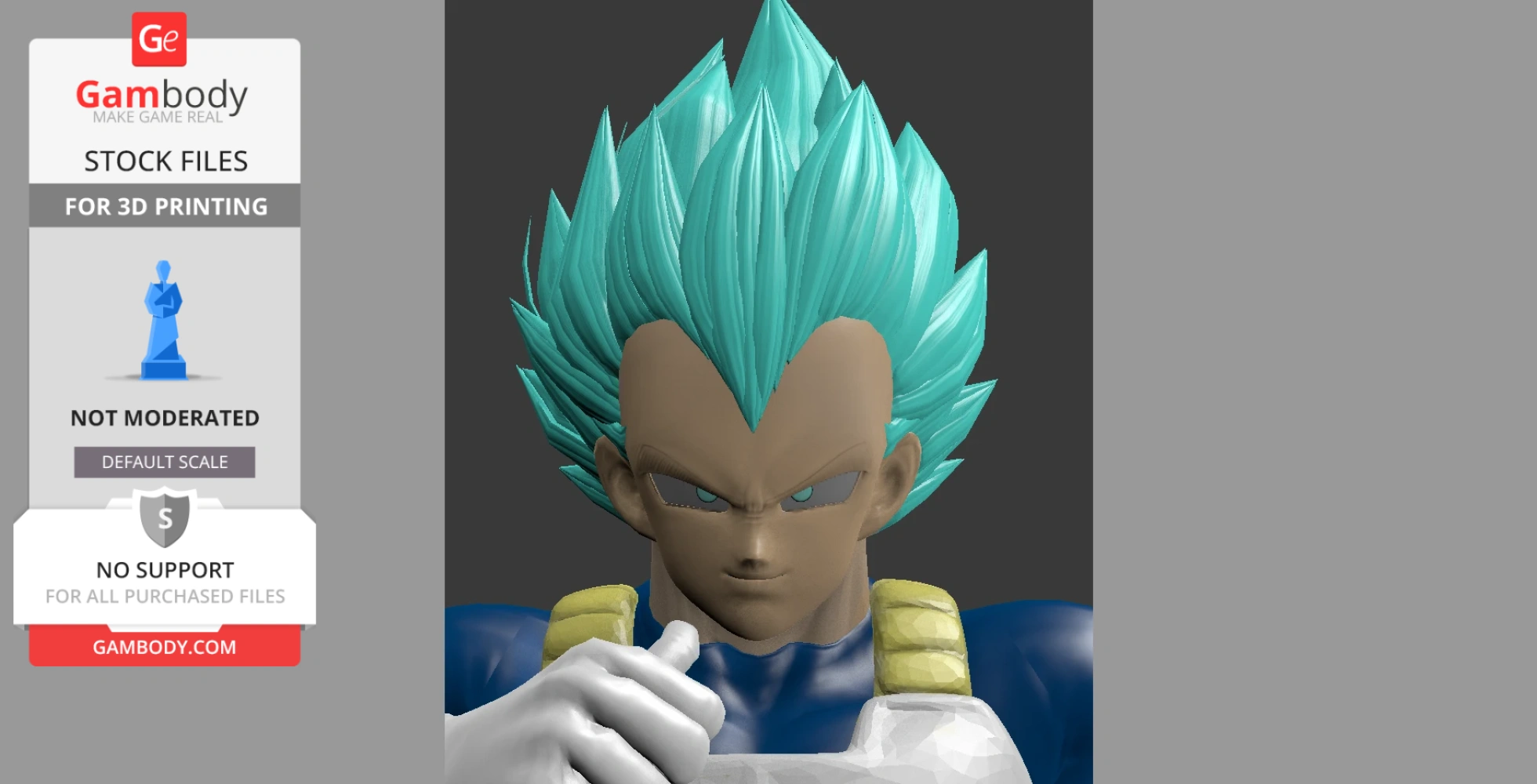 3D model of a character with blue spiky hair, armor, and intense expression, designed for 3D printing.