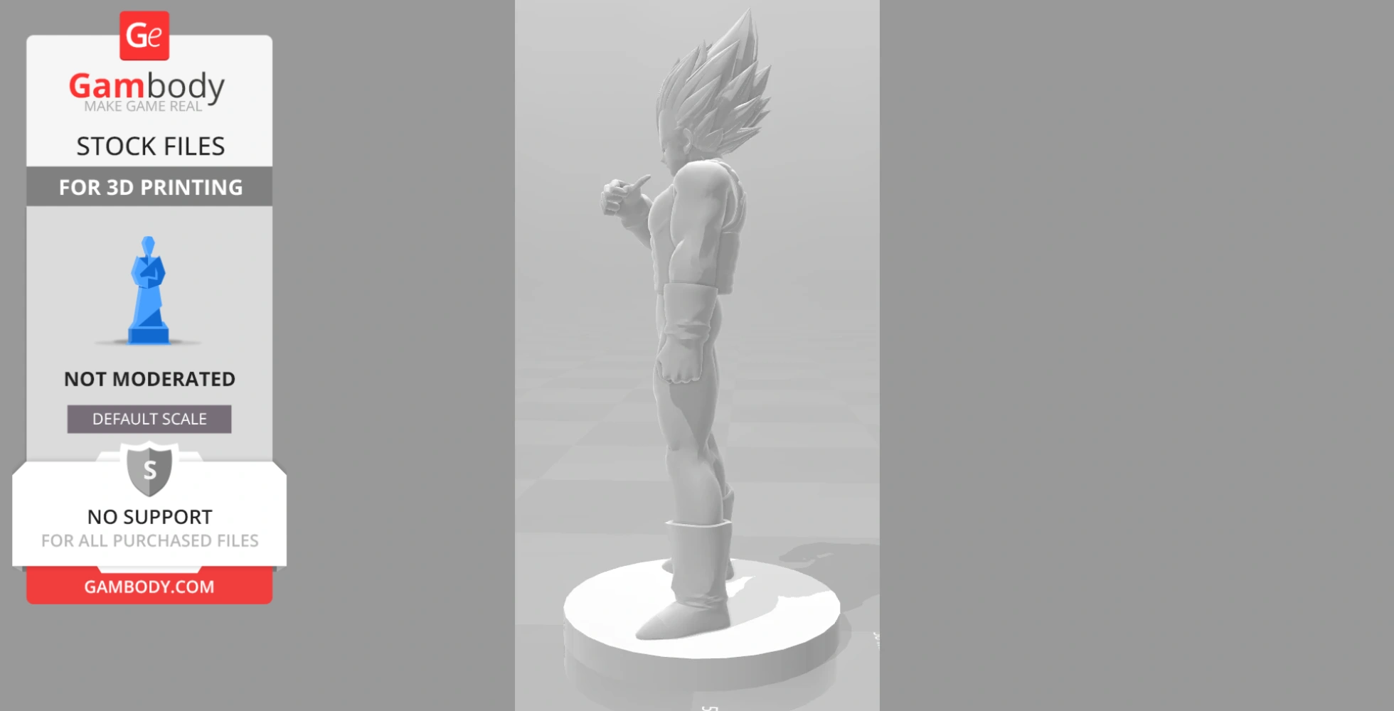 A 3D model of a muscular figure with spiky hair, standing confidently on a circular base.