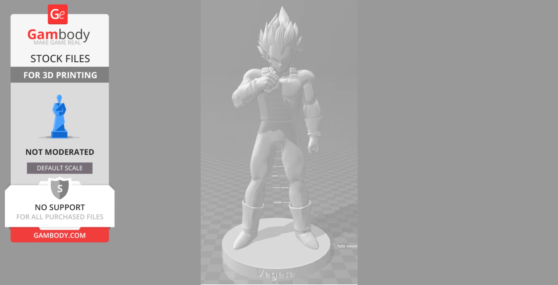 3D printed model of a muscular figure with spiky hair, standing on a base labeled 'Vegeta.'