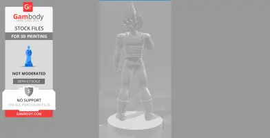 3D model of a muscular figure with spiky hair, standing on a round base, designed for 3D printing.