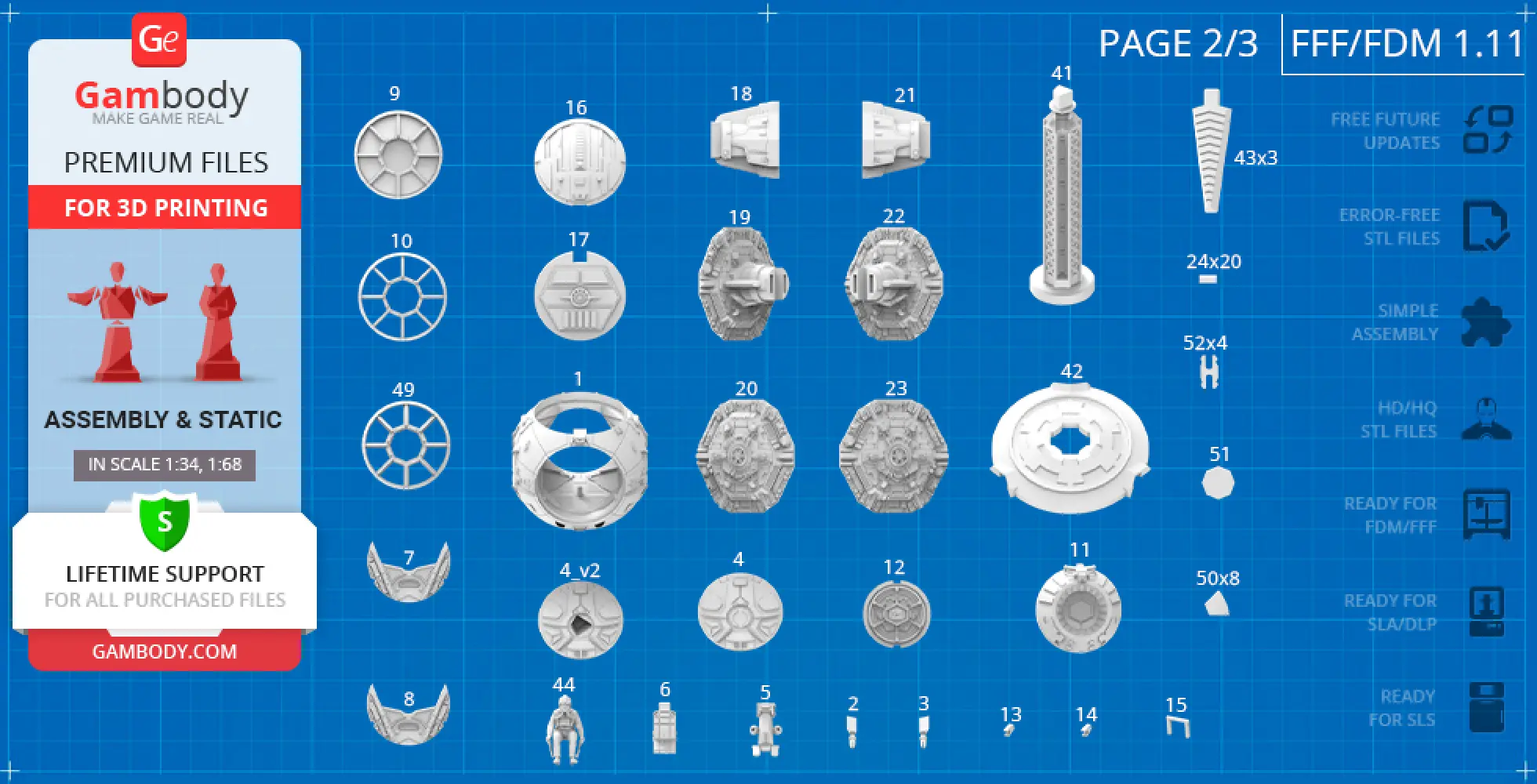 Detailed blueprint layout of TIE Fighter parts for 3D printing with assembly guidance.