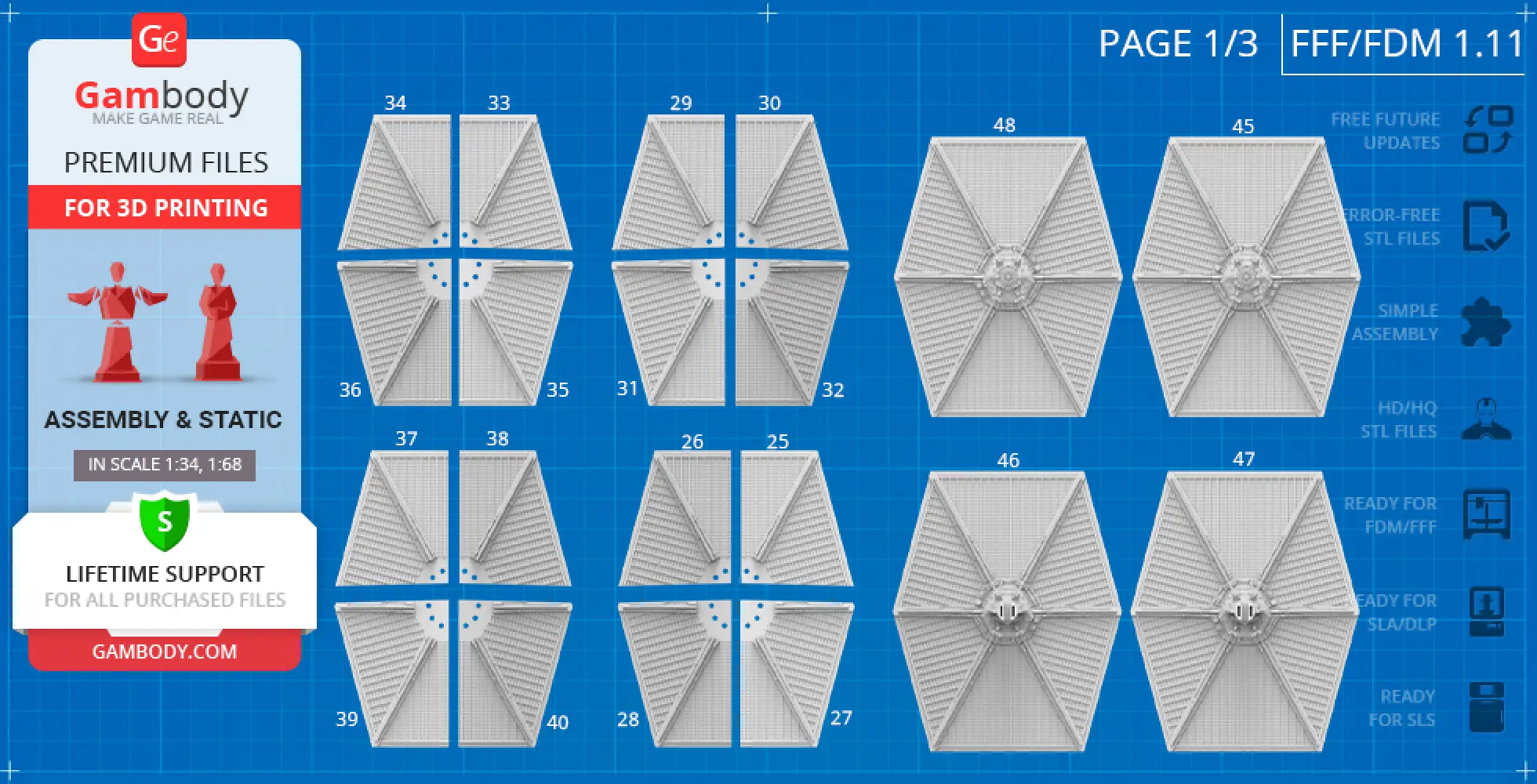 STL files showing TIE Fighter wing panels, labeled parts for 3D printing on a blue grid background.