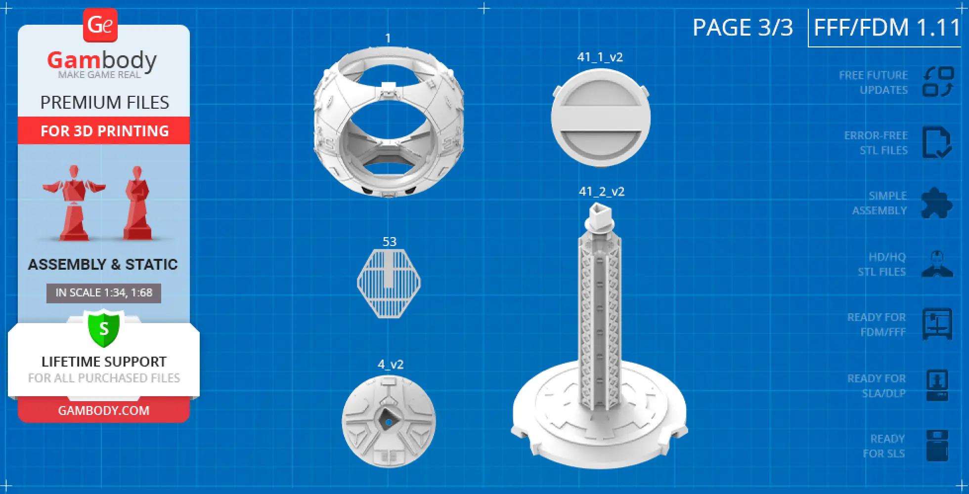TIE Fighter 3D print parts on blue grid, including cockpit and structural components.