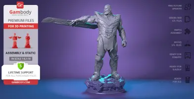 3D model of a powerful armored figure with a large blade, standing on a rocky base.