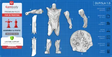 3D model parts of an armored figure with a sword, stand, and assembly details on a blue grid background.