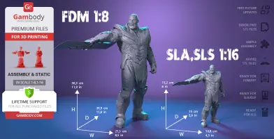 3D printed model of a towering armored figure with a weapon, available in two scales: 1:8 and 1:16.