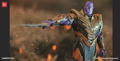 A detailed 3D model of a powerful armored figure holding a sword, set against a fiery background.