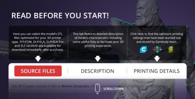 3D model of Thanos from Endgame for printing, with options for files, description, and printing details.