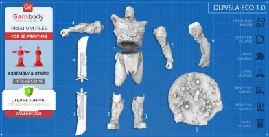 3D printed Thanos model parts and base for assembly on a blue grid background.