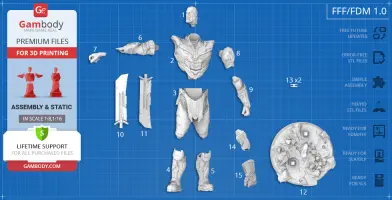 3D printable Thanos Endgame model pieces, including head, torso, arms, legs, and base, laid out for assembly.
