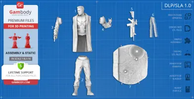 3D printable model parts of a vigilante character, including torso, legs, arms, weapon, and base.