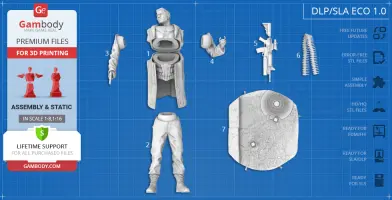 3D model parts of a character for printing, including torso, legs, arms, weapon, and base.