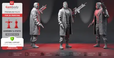 A 3D model of a tough-looking man in a coat, holding large firearms, suitable for 3D printing.