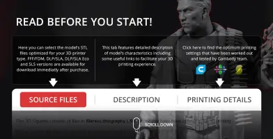 Text overlay on an image of a 3D model with a tactical outfit. Options: Source Files, Description, Printing Details.